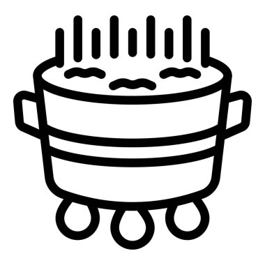 Kaynamış çorba tenceresi ikonu ana hatları vektörü. Menü mutfağı. Tavuklu erişte.