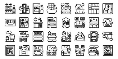 Sanal iç tasarım hizmetleri simgeleri ana hatları belirledi. Ev servisi. Teknoloji yuvası