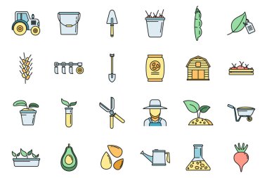Agronomist araç simgeleri ayarlandı. Tarım araçları ana hat kümesi vektör simgeleri ince çizgi rengi beyaz üzerinde düz