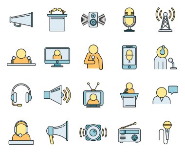 Spiker simgeleri ayarlandı. Hoparlör anonsör vektör simgelerinin özet kümesi beyaz üzerinde ince çizgi rengi düz