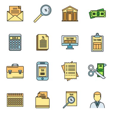 Vergi müfettişi denetim simgeleri ayarlandı. Vergi müfettişi denetleme vektör simgelerinin ana hatları beyaz üzerine ince çizgi rengi düz