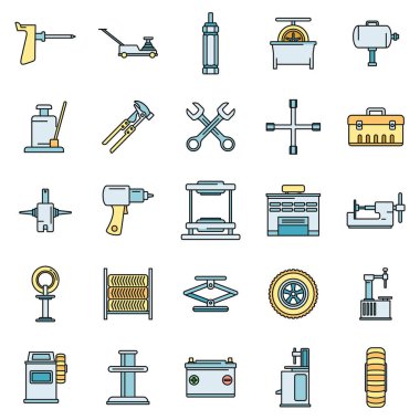 Lastik uydurma araç simgeleri ayarlandı. Lastik sığdırma aracı vektör simgelerinin ana hatları beyaz üzerinde ince çizgi rengi düz