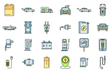 Servis hibrit araba simgeleri ayarlandı. Servis hibrit araba vektör simgelerinin ana hatları beyaz üzerinde ince çizgi rengi düz