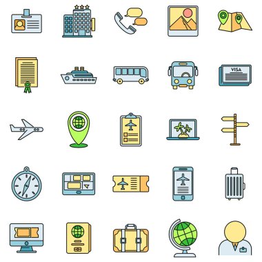 Turizm Müdürü seyahat simgeleri ayarlandı. Turizm müdürünün ana hatları seyahat vektörü simgeleri beyaz üzerine ince çizgi rengi düz
