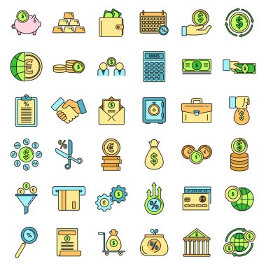 Kredi sendikası banka simgeleri ayarlandı. Kredi birliği banka vektör simgeleri ana hatları beyaz üzerine ince çizgi renk düz