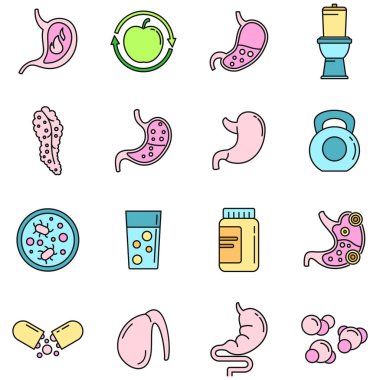 Sindirim sağlığı ikonları ayarlandı. Sindirim sağlığı vektör simgeleri ana hatları beyaz üzerine ince çizgi rengi düz