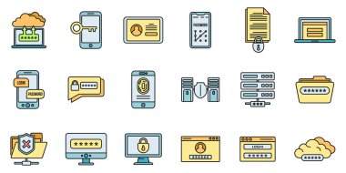 Çevrimiçi çoklu faktör kimlik doğrulama simgeleri ayarlandı. Çevrimiçi çoklu faktör doğrulama vektör simgelerinin ana hatları beyaz üzerinde ince çizgi rengi düz