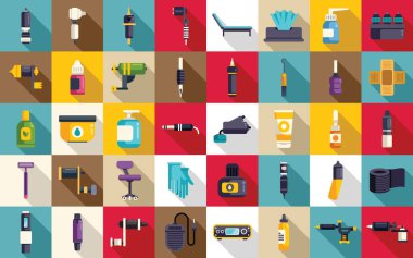 Dövme ekipmanı simgeleri düz vektör ayarlayın. Makine iğnesi. Stüdyo aracı moda