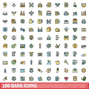 100 banka simgesi ayarlandı. Banka vektör simgelerinin renk çizgisi beyaz üzerine ince çizgi rengi