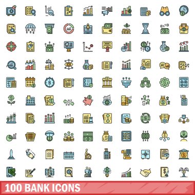 100 banka simgesi ayarlandı. Banka vektör simgelerinin renk çizgisi beyaz üzerine ince çizgi rengi