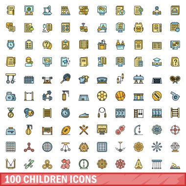 100 çocuk simgesi seti. Çocuk vektör simgelerinin renk çizgisi beyaz üzerine ince çizgi rengi