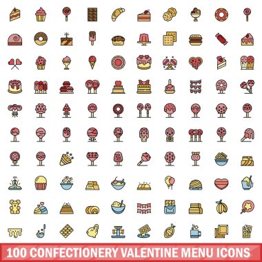 100 adet sevgililer günü menüsü ikonu ayarlandı. Şekerlemeci sevgililer günü menüsü vektör simgeleri renk çizgisi beyaz üzerine ince çizgi rengi düz