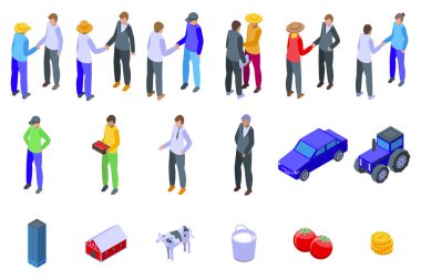 Çiftçi el sıkışma simgeleri izometrik vektör ayarlandı. Kır arazisi. Yatırımcı çiftçi