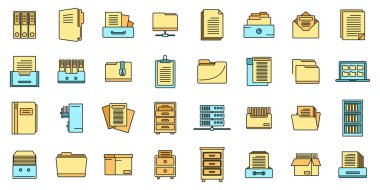 Belge simgelerinin ofis deposu ayarlandı. Belge vektör simgelerinin ofis depolama seti beyaz üzerinde ince çizgi rengi düz