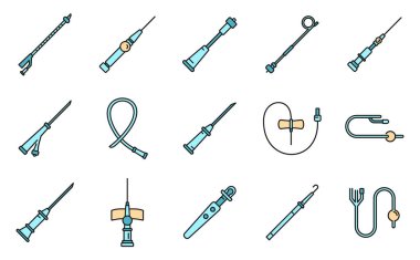 Tıbbi sonda ikonları hazır. Tıbbi kateter vektör simgelerinin ana hatları beyaz üzerine ince çizgi rengi düz