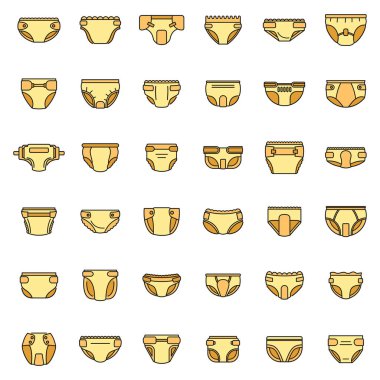 Yumuşak bez ikonları hazır. Yumuşak bebek bezi vektör simgelerinin ana hatları beyaz üzerine ince çizgi rengi düz