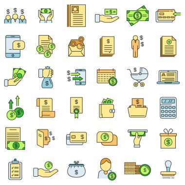 Harçlık simgeleri ayarlandı. Harçlık vektör simgelerinin ana hatları beyaz üzerine ince çizgi rengi düz