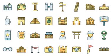 Gezici turist ikonları hazır. Gezici turist vektör simgelerinin ana hatları beyaz üzerine ince çizgi rengi düz