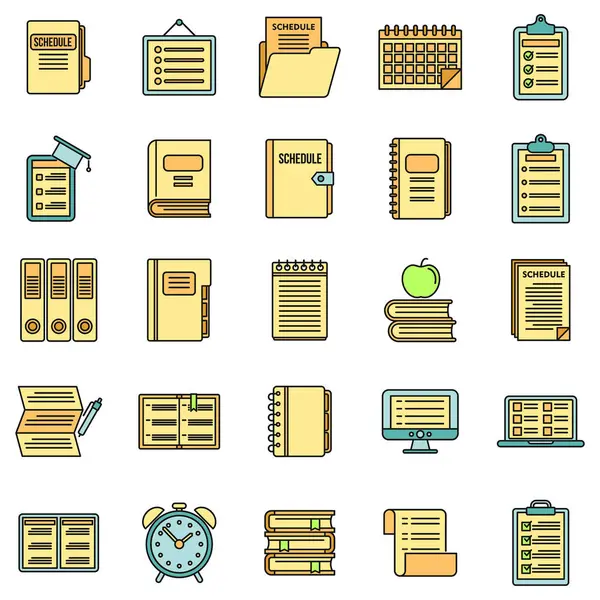 Müfredat haftası simgeleri ayarlandı. Müfredat hafta vektör simgelerinin özet kümesi beyaz üzerinde ince çizgi rengi düz