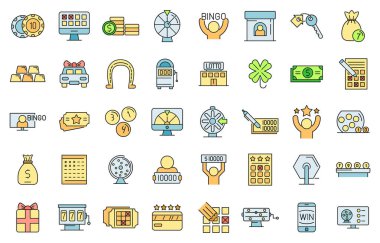 Piyango ikonları ayarlandı. Piyango vektörü simgelerinin ana hatları beyaz üzerine ince çizgi rengi düz