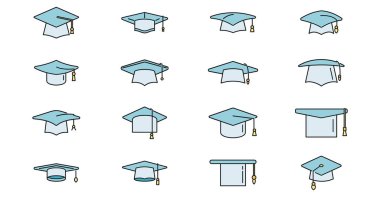 Academy graduation hat icons set outline vector. School celebration. University cap