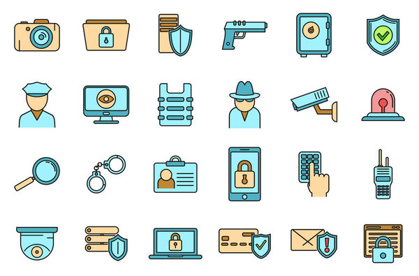 Security service scan icons set. Outline set of security service scan vector icons thin line color flat on white