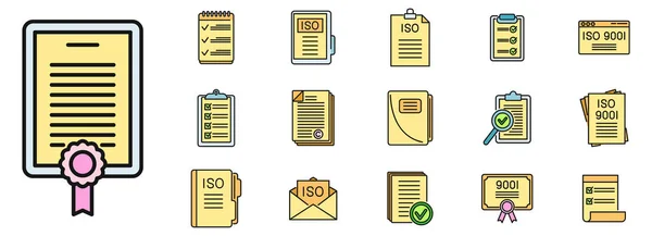 Certified Standard Icons Set Outline Vector Iso Certificate Work Quality — Stock Vector