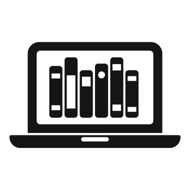 Laptop çevrimiçi kütüphane simgesi basit vektör. Şarjör açık. Uzak okuma kişisi