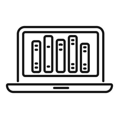 Dizüstü bilgisayar çevrimiçi kütüphane simgesi ana hatları vektörü. Şarjör açık. Uzak okuma kişisi