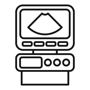 İnceleme aygıtı simgesi ana hatları vektörü. Vücut kliniği araştırması. Hasta genel analizi