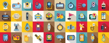 GPS izleyici simgeleri düz vektör ayarlandı. Araba yer belirleme uygulaması. Şehir navigasyon haritası