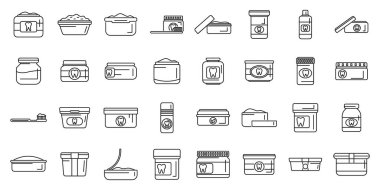 Diş tozu simgeleri dış hat vektörünü ayarlar. Sağlık dişçisi güzeli. Sağlık sigortası