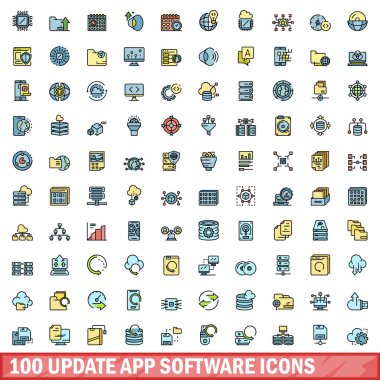 100 güncelleme uygulaması yazılım simgesi ayarlandı. Güncelleme uygulaması yazılım vektör simgelerinin renk çizgisi beyaz üzerine ince çizgi rengi düz