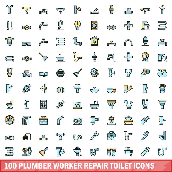 100 Loodgieter Werknemer Reparatie Toilet Iconen Set Kleur Lijn Set — Stockvector