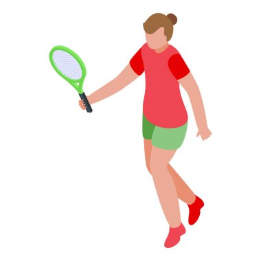 Genç tenisçi ikon izometrik vektörü. Kişi topu. Oynayan kadın