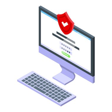 Güvenli bilgisayar simgesi izometrik vektörü. Ebeveyn kontrolü. Çevrimiçi siber veriler