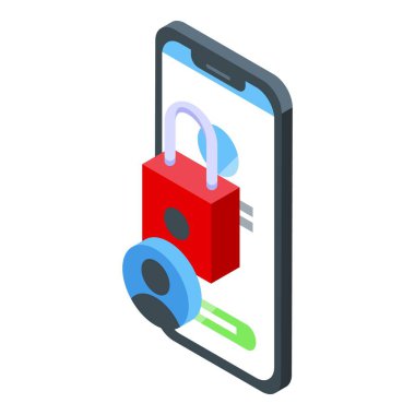 Kilitli çevrimiçi içerik ikonu izometrik vektörü. Telefon ebeveyn kontrolü. Servis kilidi