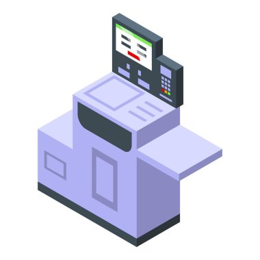 İstasyon self servis ikonu izometrik vektörü. Otomatik monitör dokunuşu. Servis alanı
