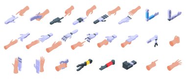 Robot insan simgelerine dokunuyor, izometrik vektör ayarlanıyor. İnsanların gelecekteki bilimi. Küresel yenilik