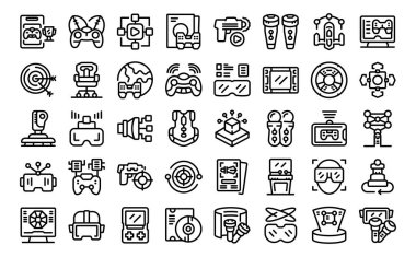 Sanal gerçeklik oyun atari ikonları ana hat vektörünü ayarlar. Oyuncu vr denetleyici. Oyun aygıtı çal