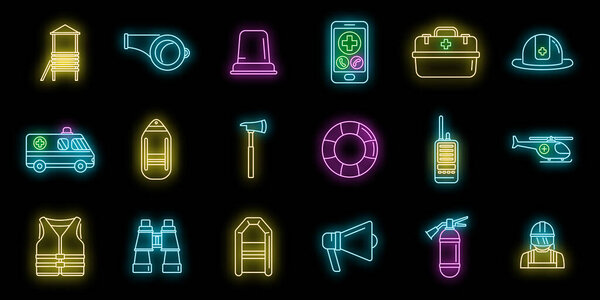 Значки спасателя задают контур вектора. Потоп урагана. Жертвы неоновой изоляции