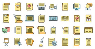 Senaryo simgeleri dış hat vektörünü ayarlıyor. Olay uydurma. Video taşınan renk çizgisi izole edildi