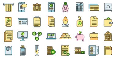 Banka simgeleri dış hat vektörünü ayarlar. Dijital ortamda. Finans hizmeti renk çizgisi izole edildi