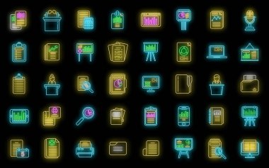 Rapor simgeleri dış hat vektörünü ayarlayın. Performans çizelgesi. Veri belgesi neonu izole edildi