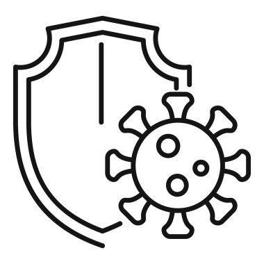 Virüs koruma kalkanı ikonu ana hat vektörü. Güçlü iksir. Sistem alerjisi dozajı