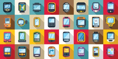 Bisiklet bilgisayar simgeleri düz vektör ayarlıyor. Yol dijital sporları. Sağlıklı hız