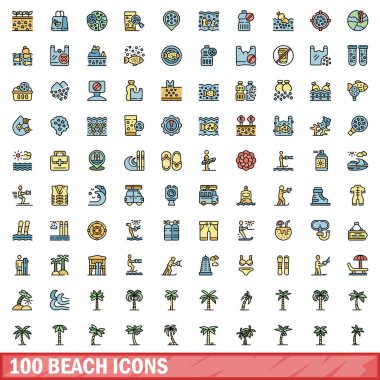 100 beach icons set. Color line set of beach vector icons thin line color flat on white clipart