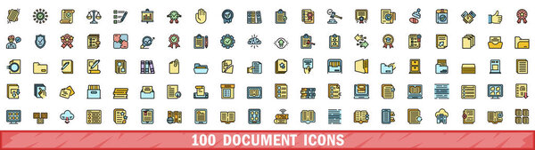 Набор иконок 100 документов. Набор цветовых линий документа векторные иконки тонкой линии цвета плоский на белом