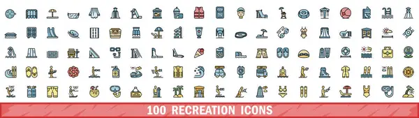 100 recreation icons set. Color line set of recreation vector icons thin line color flat on white