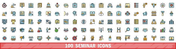 Комплект из 100 икон семинара. Набор цветовых линий семинара векторные иконки тонкой линии цвет плоский на белом